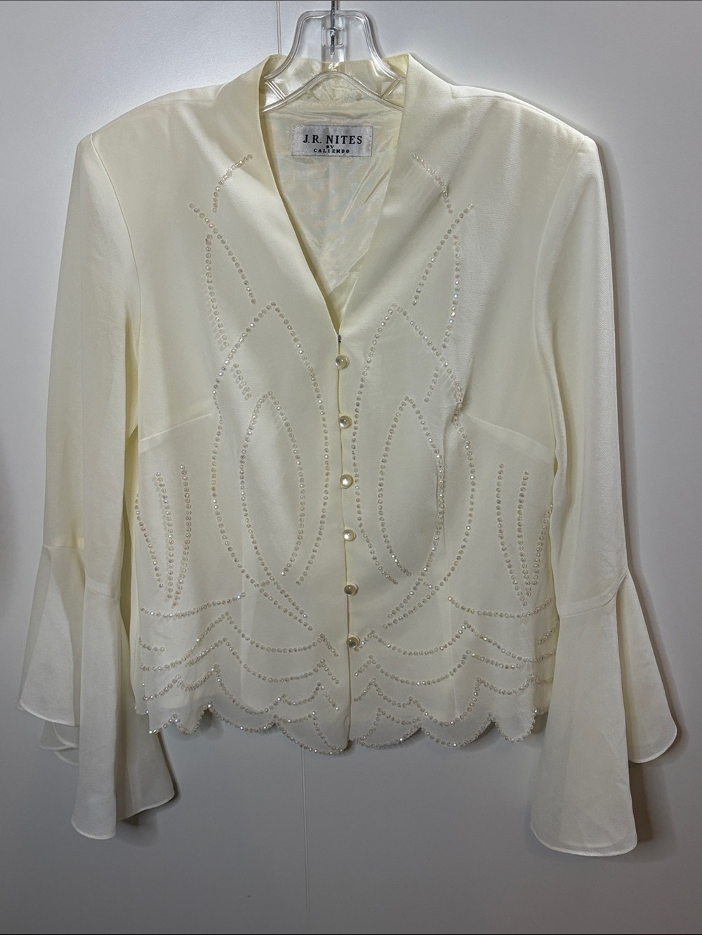 J.R. Nites Cream Beaded Button-Front Women's Blouse M